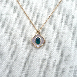 Gold Plated Diamond Shape With Emerald Rhinestone Charm, M441