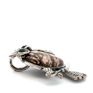 Owl shaped rhodochrosite stone pendant SKU#M2950blackvein