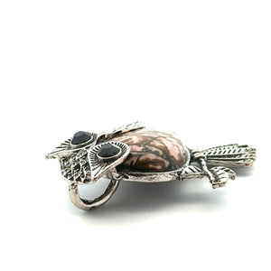 Owl shaped rhodochrosite stone pendant SKU#M2950blackvein