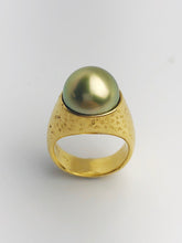24K Gold - Natural Color - 13.35mm Pistachio Tahitian Pearl - Statement Ring - Size 8.5 - Handmade