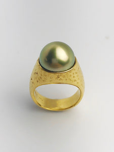 24K Gold - Natural Color - 13.35mm Pistachio Tahitian Pearl - Statement Ring - Size 8.5 - Handmade