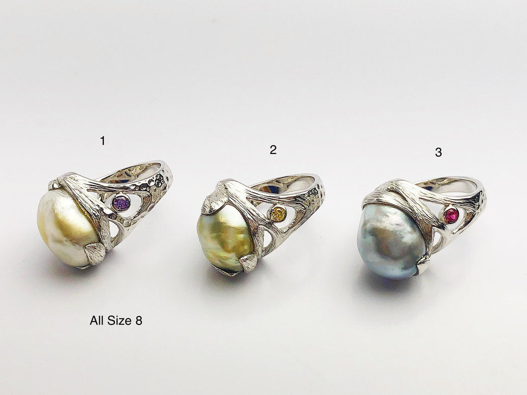 Handcarved Sterling Silver South Sea Pearl Rings - Natural Color - Southsea Pearls - Statement Ring (431 No. 1-3)