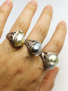 Handcarved Sterling Silver South Sea Pearl Rings - Natural Color - Southsea Pearls - Statement Ring (433 Size 7, 7.75, 8.25)