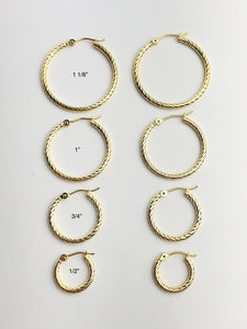 14k 2mm Gold Twist Hoop Earrings - 1 1/8" to 1/2" - Made in USA (#882-205, 208, 207, 206)