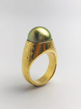 24K Gold - Natural Color - 13.35mm Pistachio Tahitian Pearl - Statement Ring - Size 8.5 - Handmade