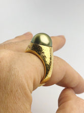 24K Gold - Natural Color - 13.35mm Pistachio Tahitian Pearl - Statement Ring - Size 8.5 - Handmade