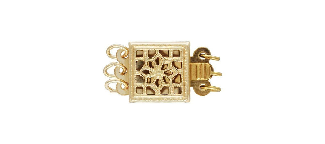 8.5x8.5mm Square Filigree Pearl Clasp 3 Row, 14k gold filled. Made in USA. #4003577
