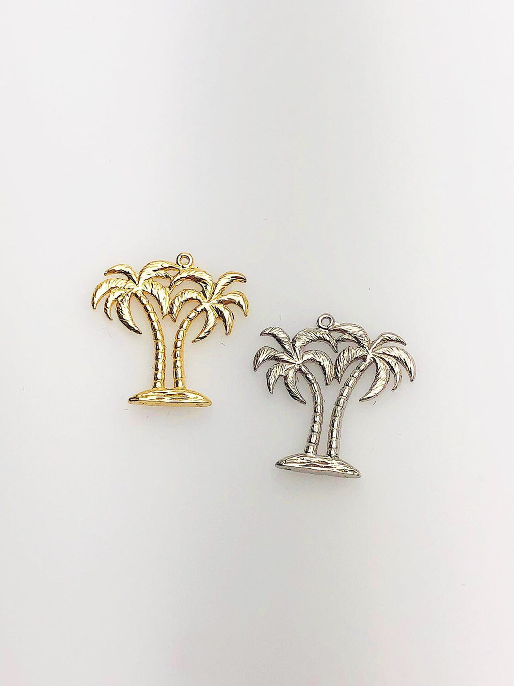 14K Solid Gold Palm Trees Charm w/ Ring, 18.0x18.5mm, Made in USA (L-129)