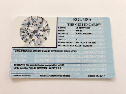 0.50 Carats, Natural Round Brilliant Diamond, EGL USA Certified - US 917055606D