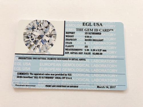 0.56 Carats, Natural Round Brilliant Diamond, EGL USA Certified - US 917055605D