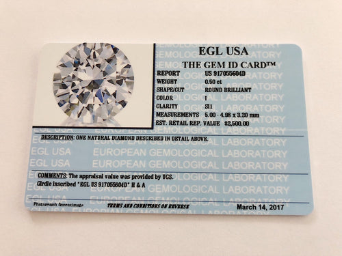 0.50 Carats, Natural Round Brilliant Diamond, EGL USA Certified - US 917055604D