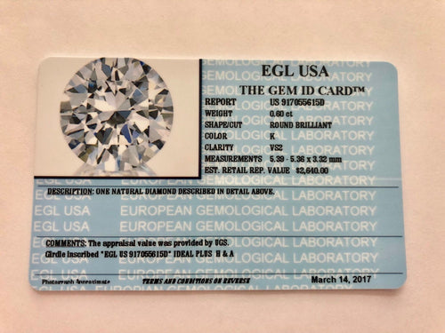 0.60 Carats, Natural Round Brilliant Diamond, EGL USA Certified - US 917055615D