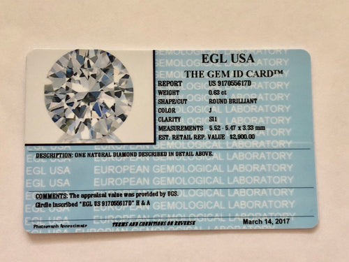 0.63 Carats, Natural Round Brilliant Diamond, EGL USA Certified - US 917055617D