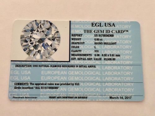 0.80 Carats, Natural Round Brilliant Diamond, EGL USA Certified - US 917055630D