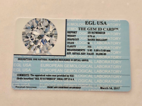 0.75 Carats, Natural Round Brilliant Diamond, EGL USA Certified - US 917055631D