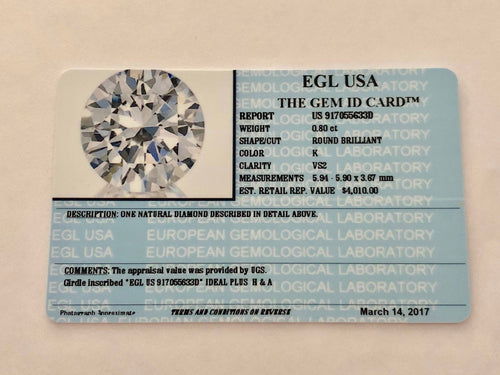 0.80 Carats, Natural Round Brilliant Diamond, EGL USA Certified - US 917055633D