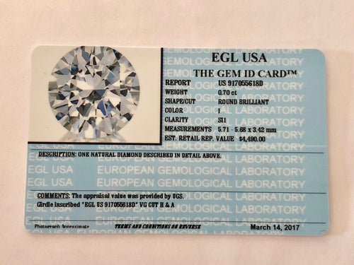 0.70 Carats, Natural Round Brilliant Diamond, EGL USA Certified - US 917055618D