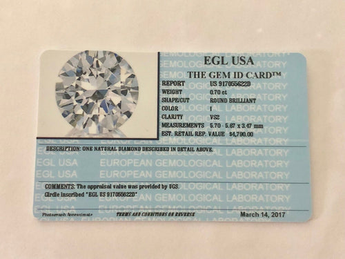 0.70 Carats, Natural Round Brilliant Diamond, EGL USA Certified - US 917055622D