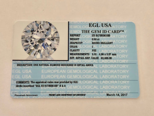 0.50 Carats, Natural Round Brilliant Diamond, EGL USA Certified - US 917055610D