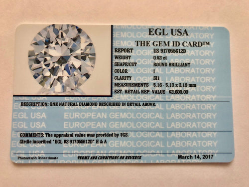 0.52 Carats, Natural Round Brilliant Diamond, EGL USA Certified - US 917055612D