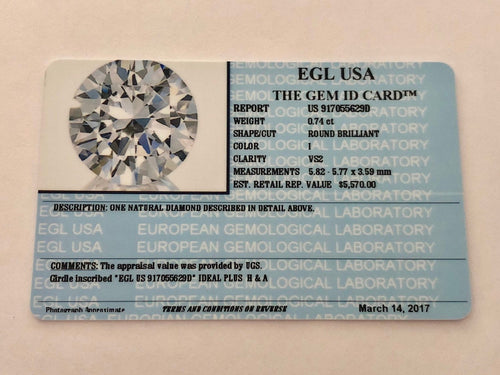 0.74 Carats, Natural Round Brilliant Diamond, EGL USA Certified - US 917055629D