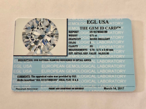 0.71 Carats, Natural Round Brilliant Diamond, EGL USA Certified - US 917055619D