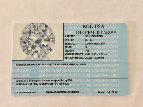 0.71 Carats, Natural Round Brilliant Diamond, EGL USA Certified - US 917055621D