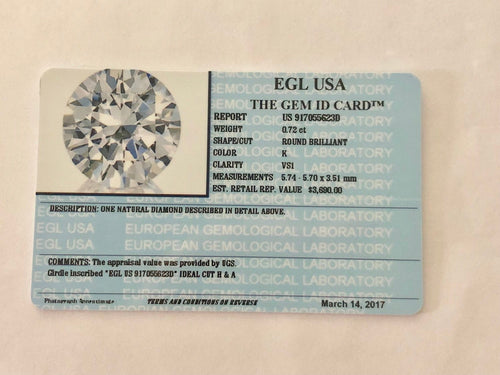 0.72 Carats, Natural Round Brilliant Diamond, EGL USA Certified - US 917055623D