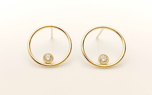 14k Gold Filled 15mm Round Wire Post Earrings w/2mm White Cz Stones (400C15BPM4)