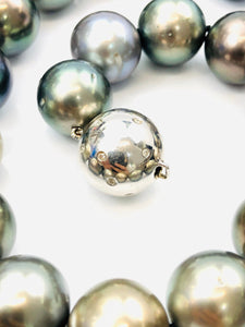 Stunning 43 inch Tahitian pearl necklace with a 14K white gold with diamonds, 17mm to 13mm size, silk knotted, AA Quality pearls
