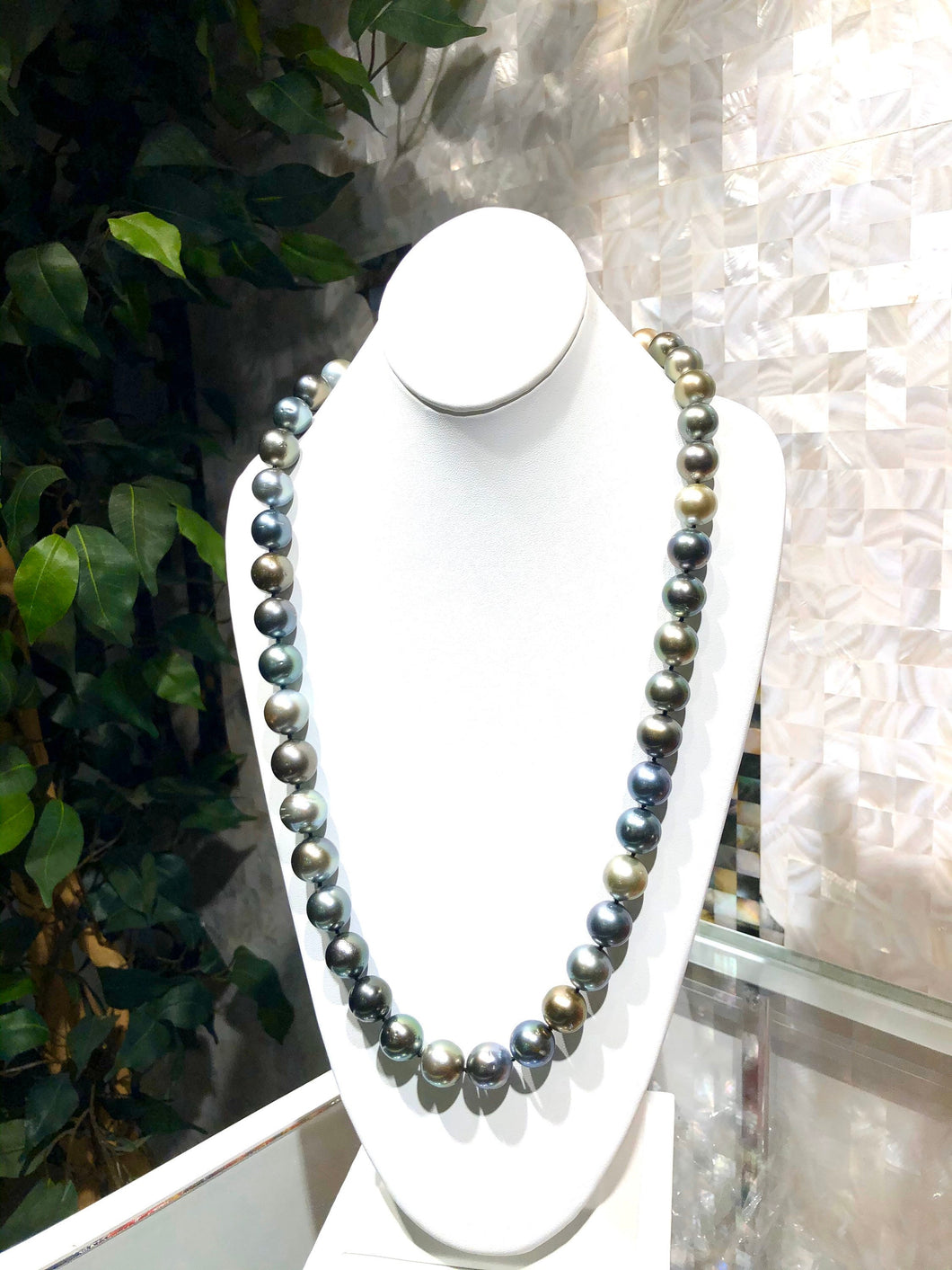 Stunning 43 inch Tahitian pearl necklace with a 14K white gold with diamonds, 17mm to 13mm size, silk knotted, AA Quality pearls