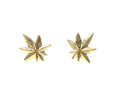14K Solid Gold Marijuana Studs , Sku#1156-2