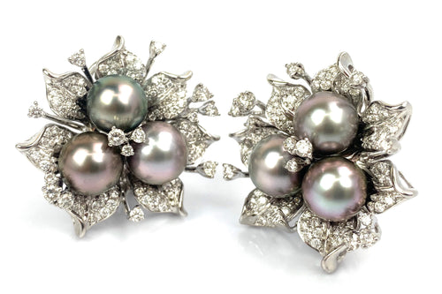 Diamond, 18k white gold, Tahitian Pearl White Gold Flower Earrings , Sku#043-00419