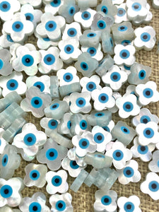Mother Of Pearls Blue Eye Clover Beads, Clover Beads, Evil Eye Beads