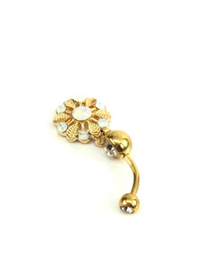 Stainless steel curve bar flower gem belly ring, SKU# NBR036