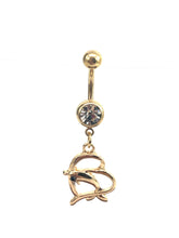 Stainless steel curve bar , dolphin & heart gem belly ring, SKU# NBR034