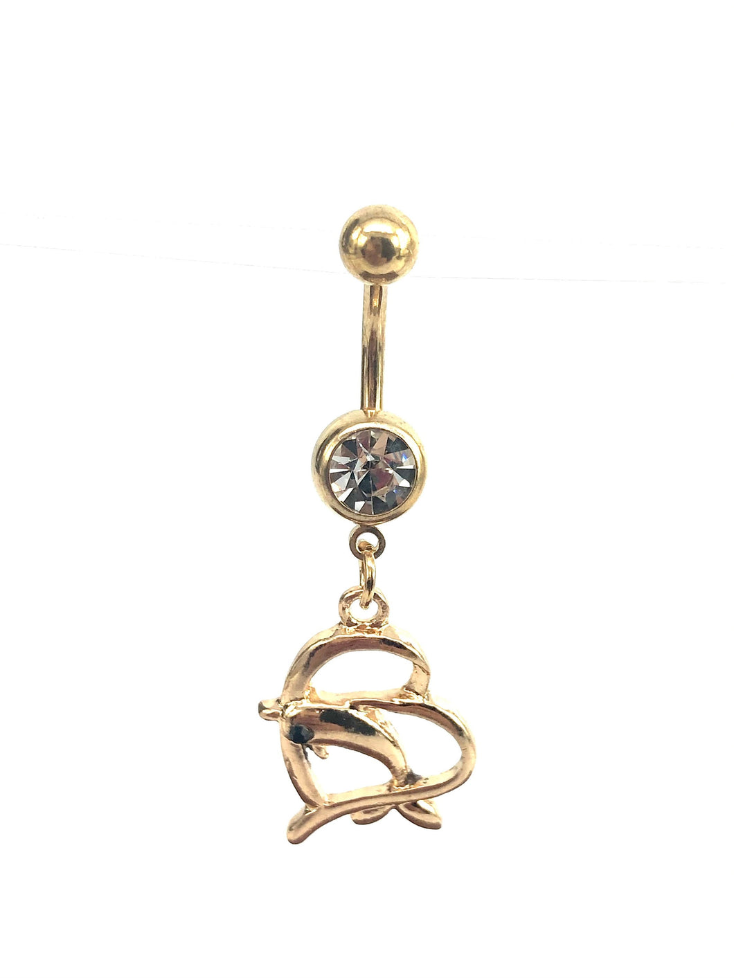 Stainless steel curve bar , dolphin & heart gem belly ring, SKU# NBR034