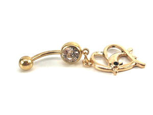 Stainless steel curve bar , dolphin & heart gem belly ring, SKU# NBR034