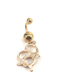 Stainless steel curve bar , dolphin & heart gem belly ring, SKU# NBR034