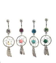 Stainless steel curve bar , dream catcher gem belly ring, SKU# NBR029