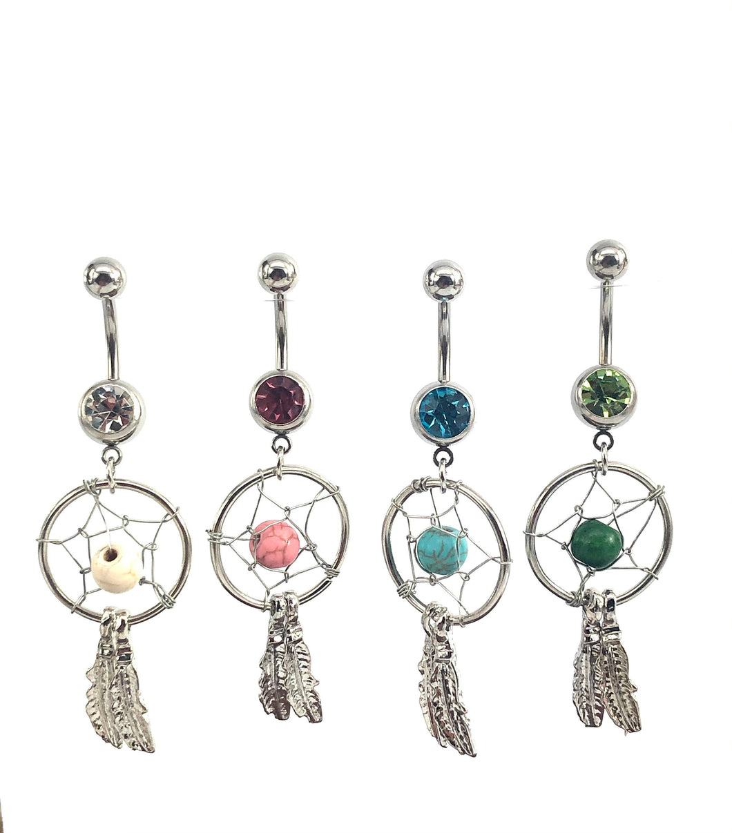 Stainless steel curve bar , dream catcher gem belly ring, SKU# NBR029