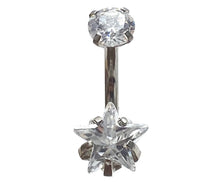 Stainless steel curved bar, double star gem belly ring, SKU# 6-2