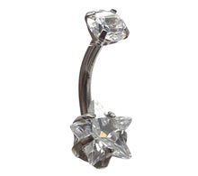 Stainless steel curved bar, double star gem belly ring, SKU# 6-2