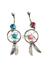 Stainless steel curve bar , dream catcher gem belly ring, SKU# NBR029