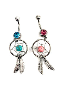 Stainless steel curve bar , dream catcher gem belly ring, SKU# NBR029