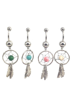 Stainless steel curve bar , dream catcher gem belly ring, SKU# NBR029