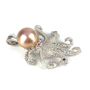 Gorgeous 14K White Gold Octopus 12.15mm Pearl Pendant With Gems