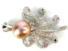 Gorgeous 14K White Gold Octopus 12.15mm Pearl Pendant With Gems
