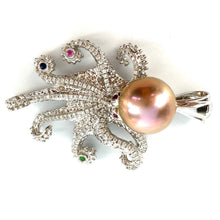 Gorgeous 14K White Gold Octopus 12.15mm Pearl Pendant With Gems