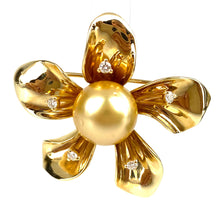 Beautiful 14K Golden SS Pin & Pendant W/ 12.5mm Golden South Sea Pearl W/ 5 Diamonds